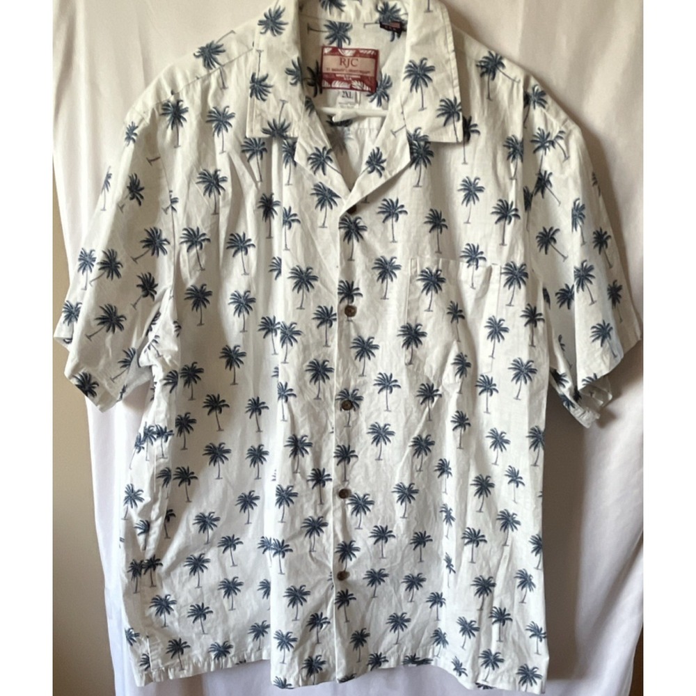 RJC Men's 2XL Short Sleeve Cotton White/Navy Palm Tree Button-Up Shirt